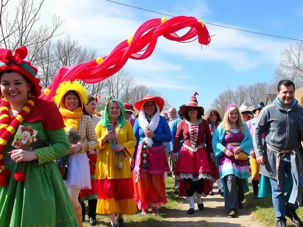 A diverse group of community members are participating in a themed hiking event in Roannes Saint Mary, celebrating a seasonal festival with costumes and decorations. The image showcases the social and cultural aspects of community hiking events.