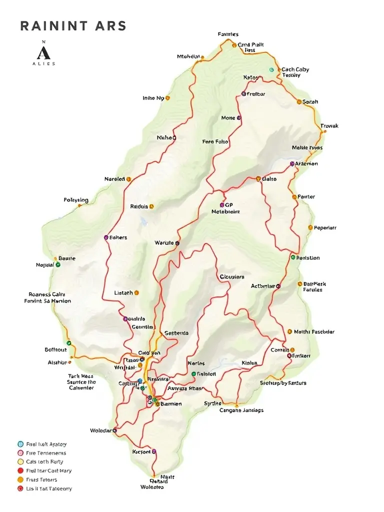 A map of Roannes Saint Mary highlighting various hiking trails and points of interest, with clear markings and descriptions, indicating the diverse hiking options available.