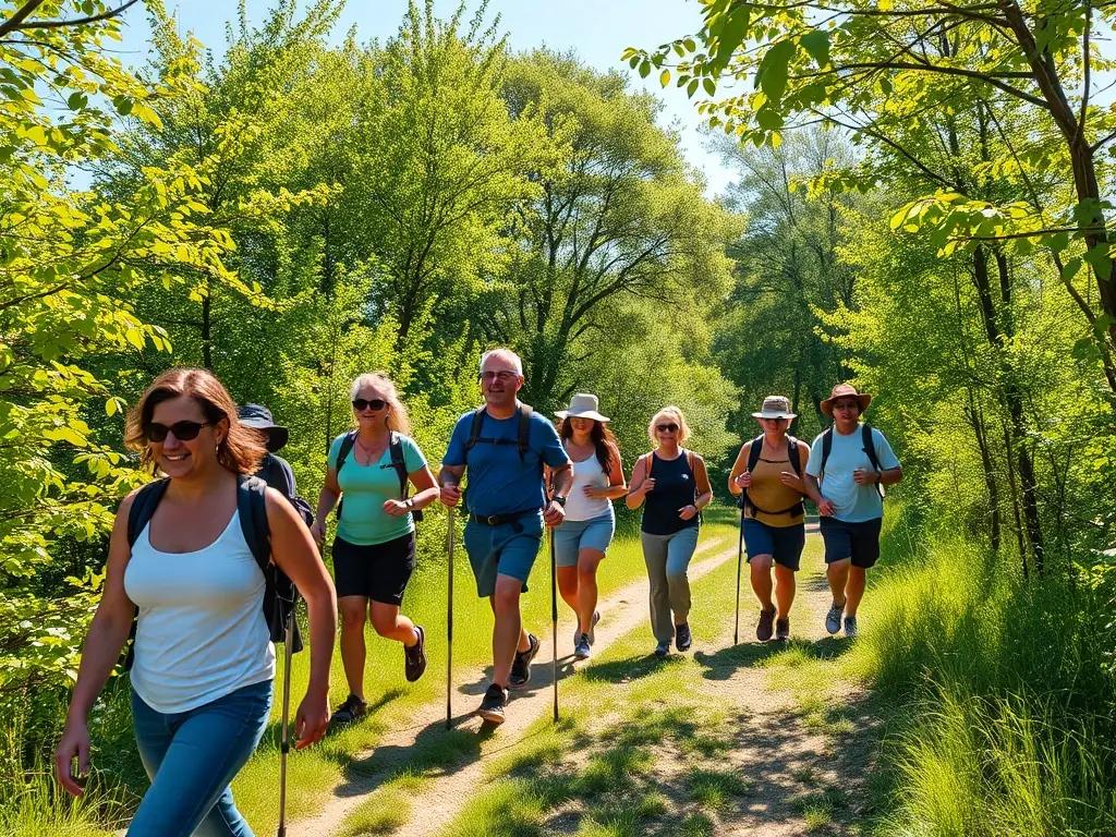 A group of hikers of varying ages and fitness levels are joyfully walking along a well-maintained trail in Roannes Saint Mary, surrounded by lush greenery and clear blue skies. The image captures the essence of accessible hiking for all.