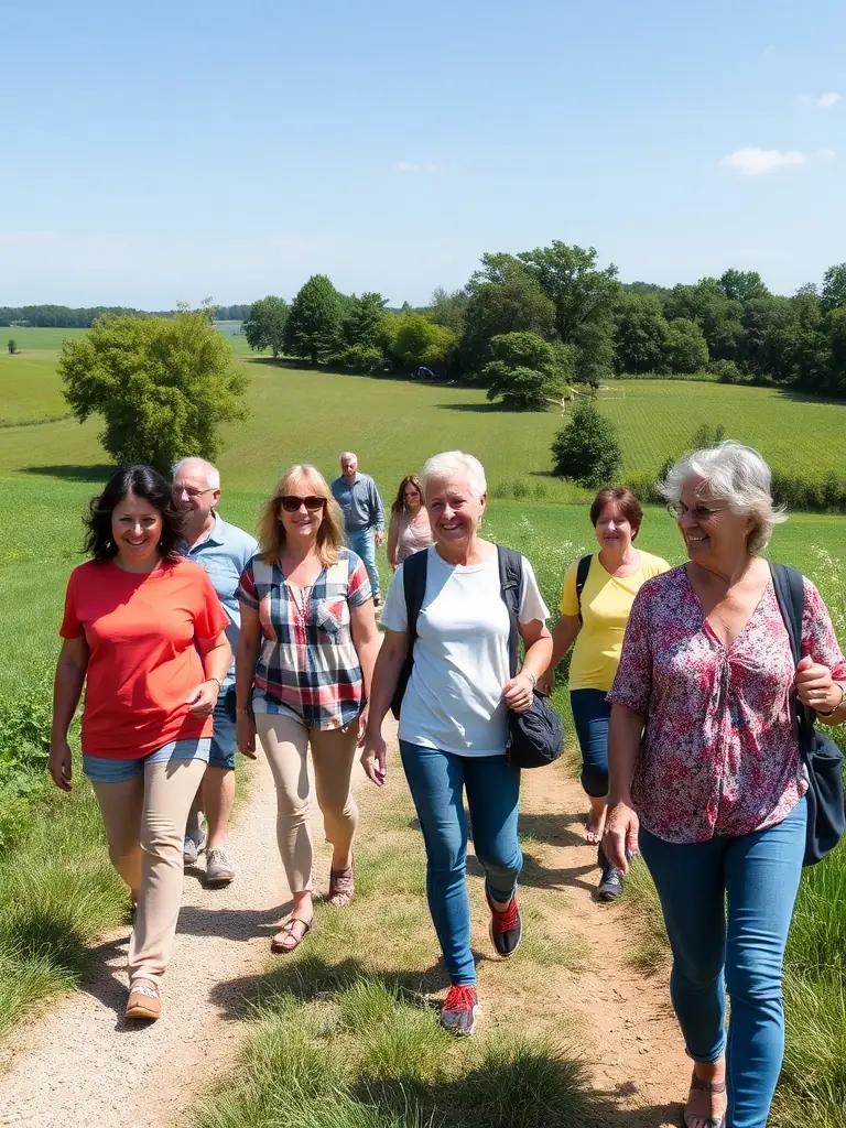 A group of people of all ages participating in a community hiking event in Roannes Saint Mary, France. The image should capture the fun and inclusive atmosphere of the event.
