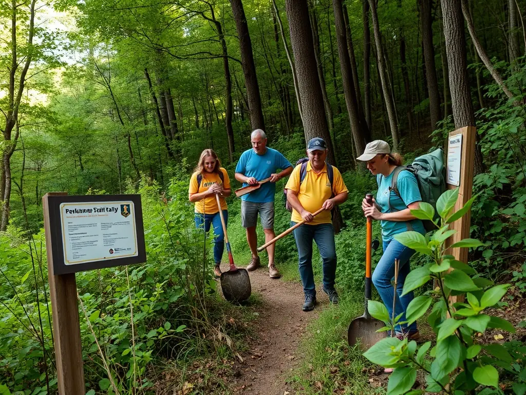 Volunteers are actively engaged in clearing a trail, repairing signage, and restoring the natural habitat along a hiking path in Roannes Saint Mary. The image emphasizes the importance of community involvement in preserving local trails.