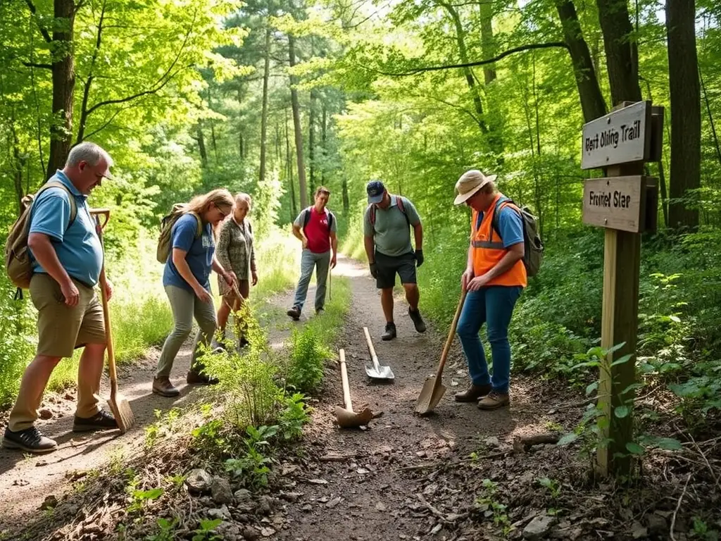 Volunteers are diligently working on a trail, clearing debris, repairing signage, and planting native vegetation. The scene emphasizes the importance of trail maintenance and environmental preservation.
