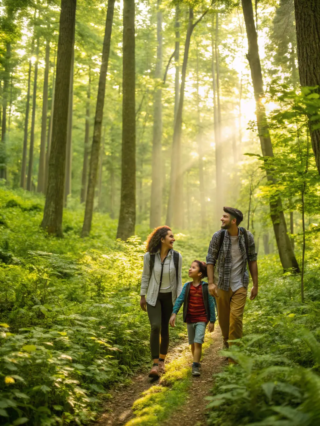 A family enjoying a leisurely hike on a well-maintained trail, surrounded by trees and nature. This image represents the accessibility and family-friendly aspect of LES CAMINAOU ROANNAIS's hiking programs.