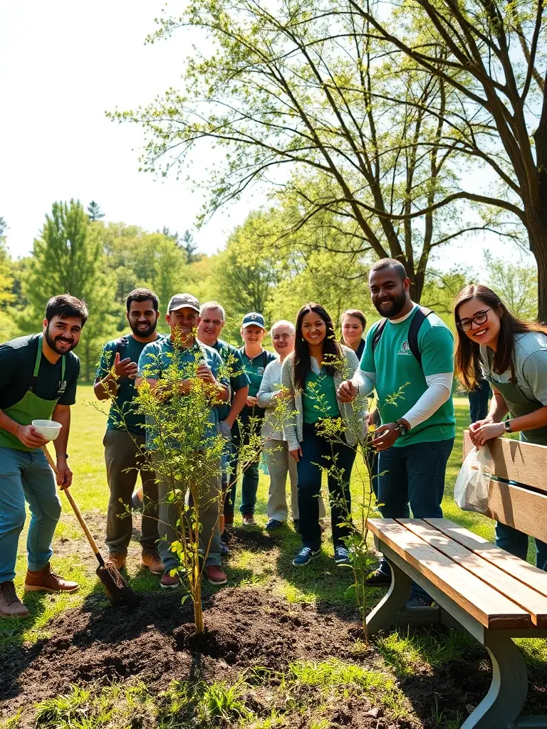 A diverse group of volunteers working together to maintain a hiking trail in Roannes Saint Mary, France. The image should emphasize teamwork and environmental stewardship.