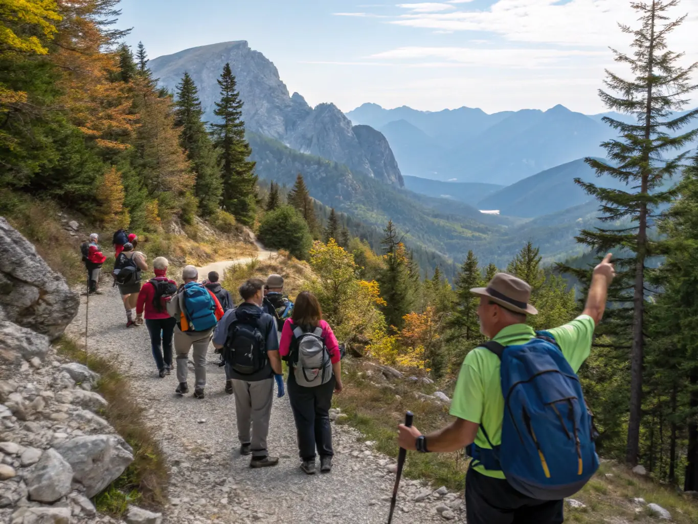 A diverse group of community members is gathered at the starting point of a themed hiking event, with smiles and excitement evident on their faces. The image showcases the sense of community and shared enjoyment of outdoor activities.