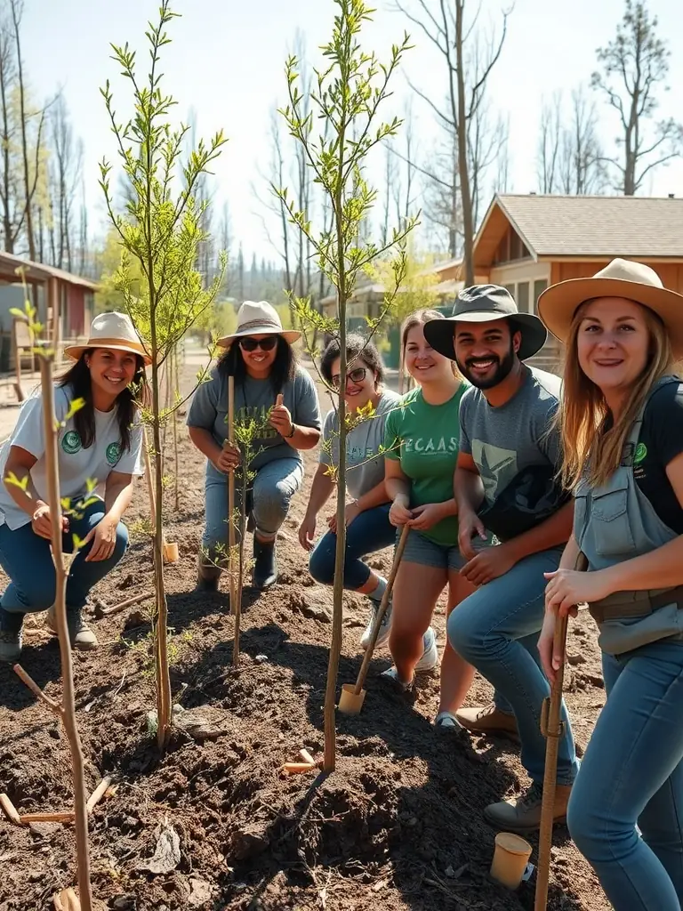 Volunteers working together to repair a trail, with tools and natural scenery in the background. This image represents the Trail Maintenance and Restoration program offered by LES CAMINAOU ROANNAIS.