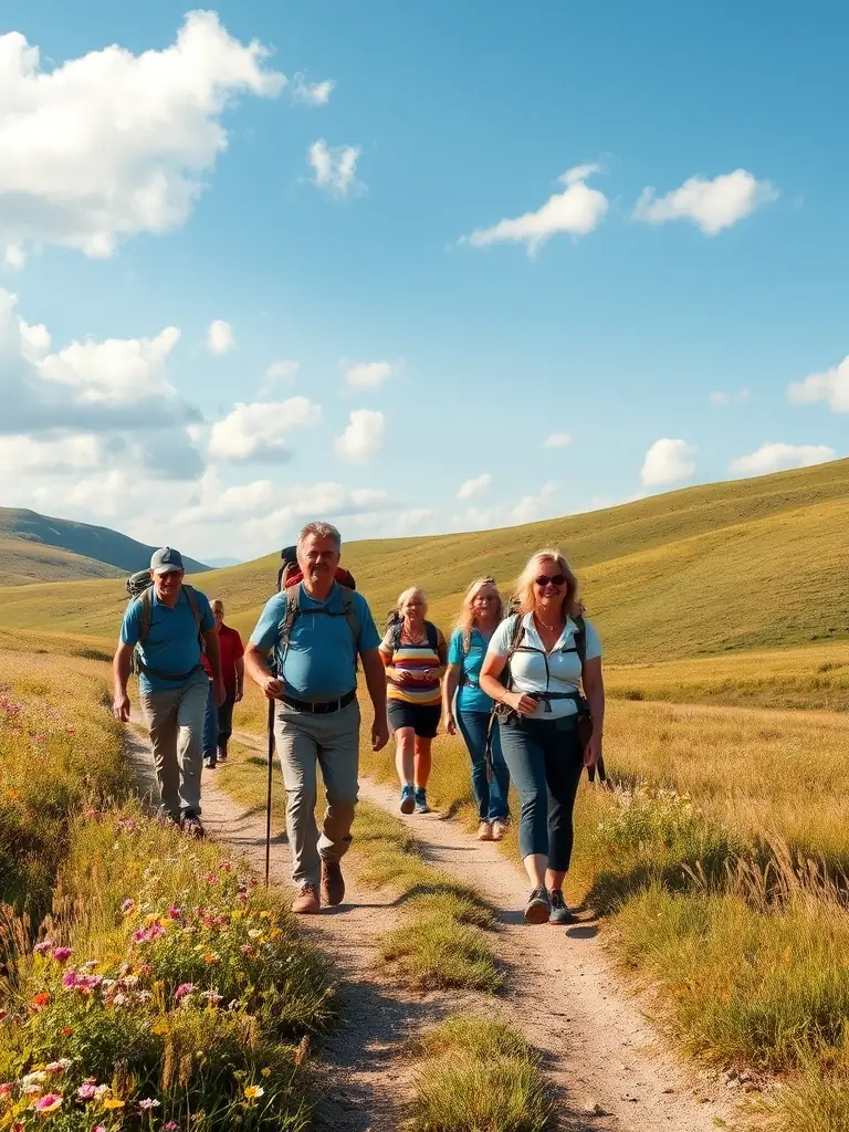 A group of hikers of varying ages walking along a well-maintained trail in Roannes Saint Mary, surrounded by lush greenery and wildflowers, showcasing the guided hiking tours.