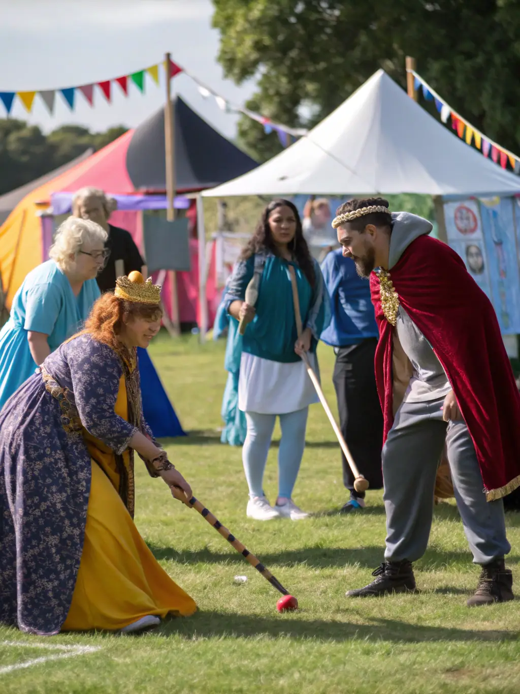 A diverse group of people participating in a themed hiking event in Roannes Saint Mary, with participants wearing costumes or carrying themed items, showcasing community engagement.