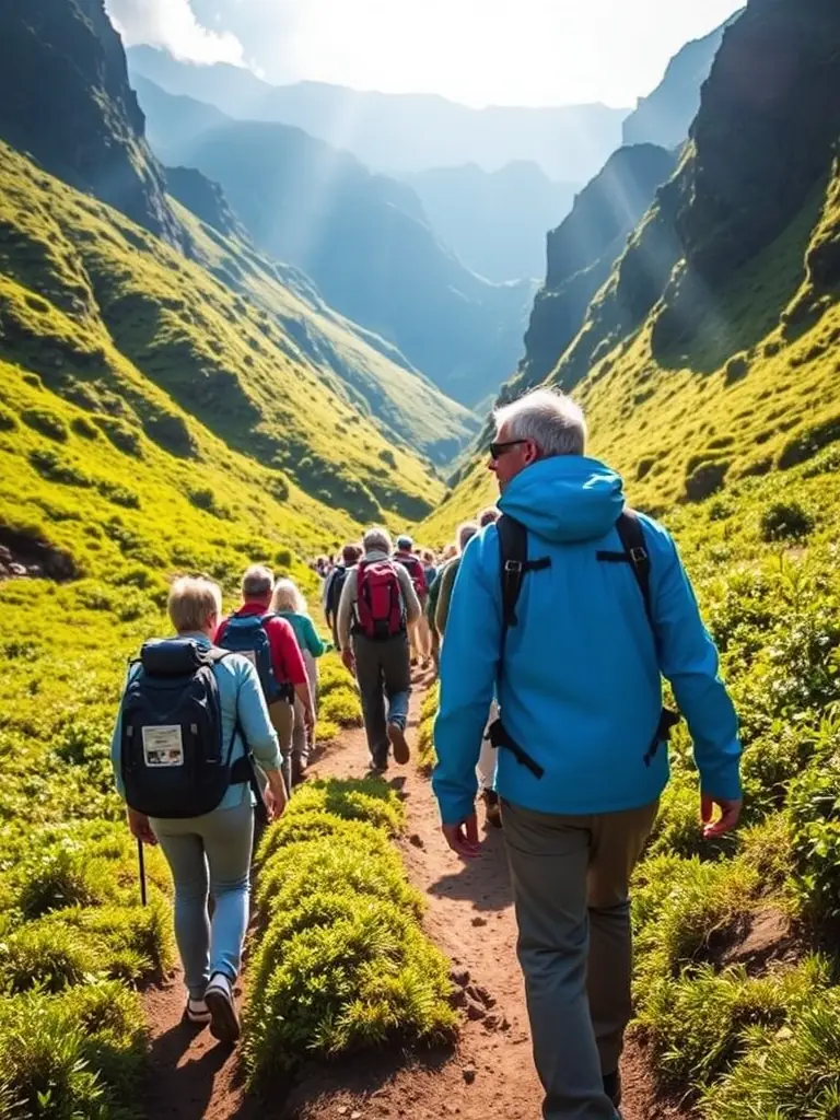 A group of diverse hikers walking along a lush trail with scenic views of the surrounding landscape, guided by a knowledgeable leader. This image represents the Guided Hiking Tours program offered by LES CAMINAOU ROANNAIS.