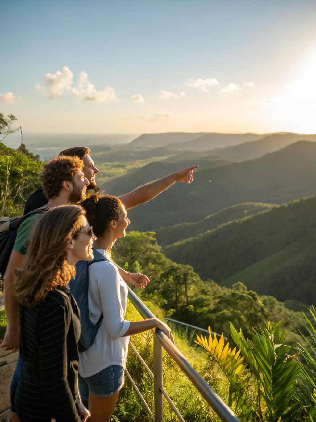 A lively group of hikers celebrating at a scenic viewpoint during a community event. This image represents the Community Hiking Events program offered by LES CAMINAOU ROANNAIS.