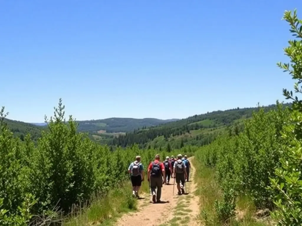 A group of hikers of varying ages and fitness levels are joyfully walking along a well-maintained trail in Roannes Saint Mary, surrounded by lush greenery and clear blue skies. The image captures the essence of accessible hiking for all.