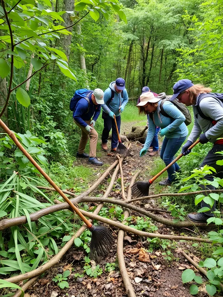 Volunteers clearing a hiking trail in Roannes Saint Mary, removing fallen branches and debris, with tools and equipment visible, emphasizing the trail maintenance efforts.
