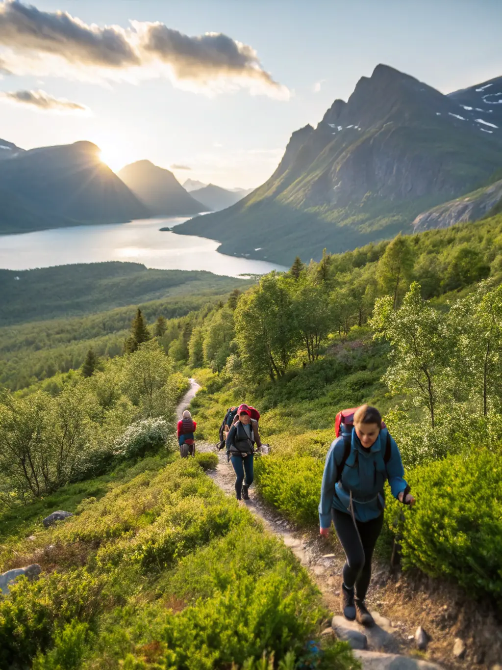 A group of smiling hikers enjoying a scenic view during a guided tour in Roannes Saint Mary, France. The image should convey a sense of camaraderie and the joy of outdoor exploration.